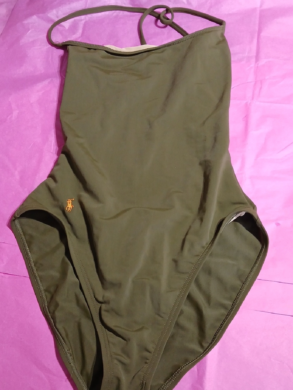 Ralph Lauren Olive One-Piece Swimsuit with Gold Pony Logo